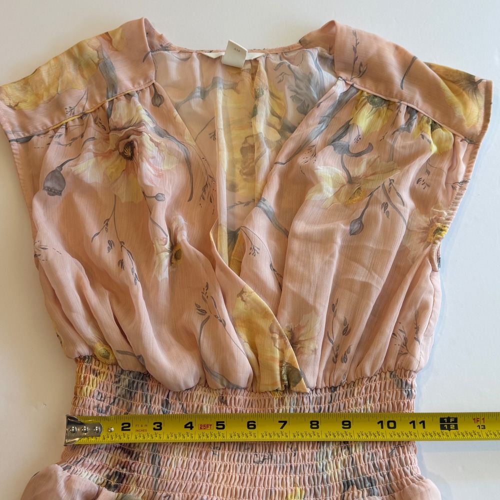 H&M Peach Floral Chiffon Maxi Dress Smocked Waist High Low Hem Pink Yellow US 2 - Picture 6 of 8